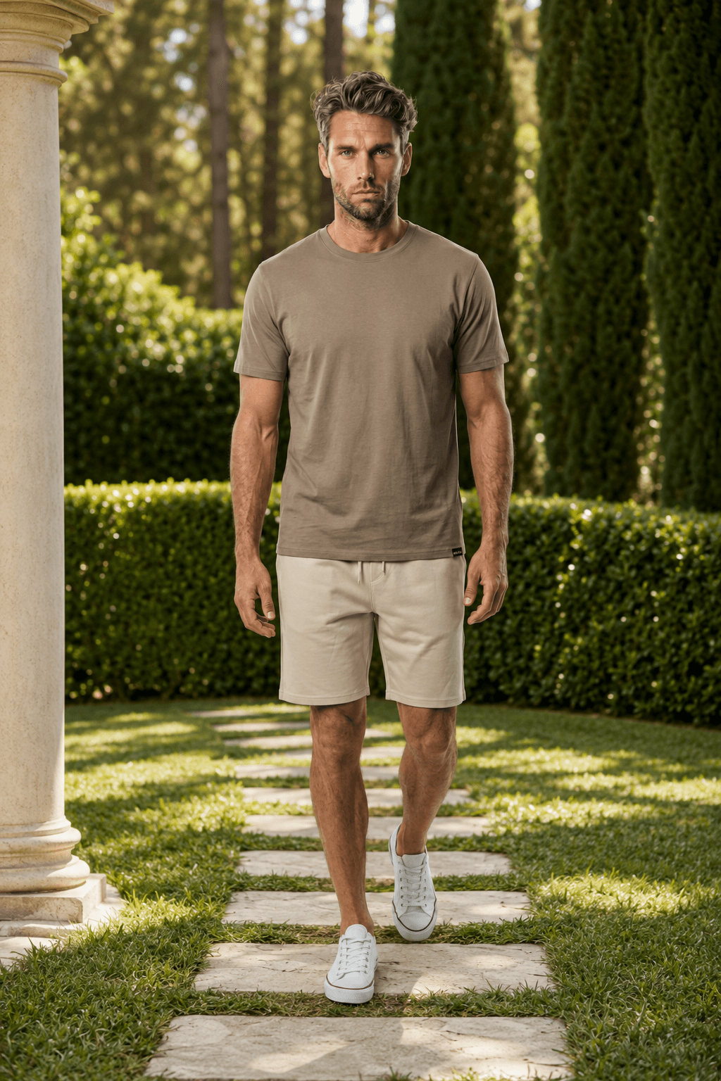Modelo masculino con camiseta y pantalón corto