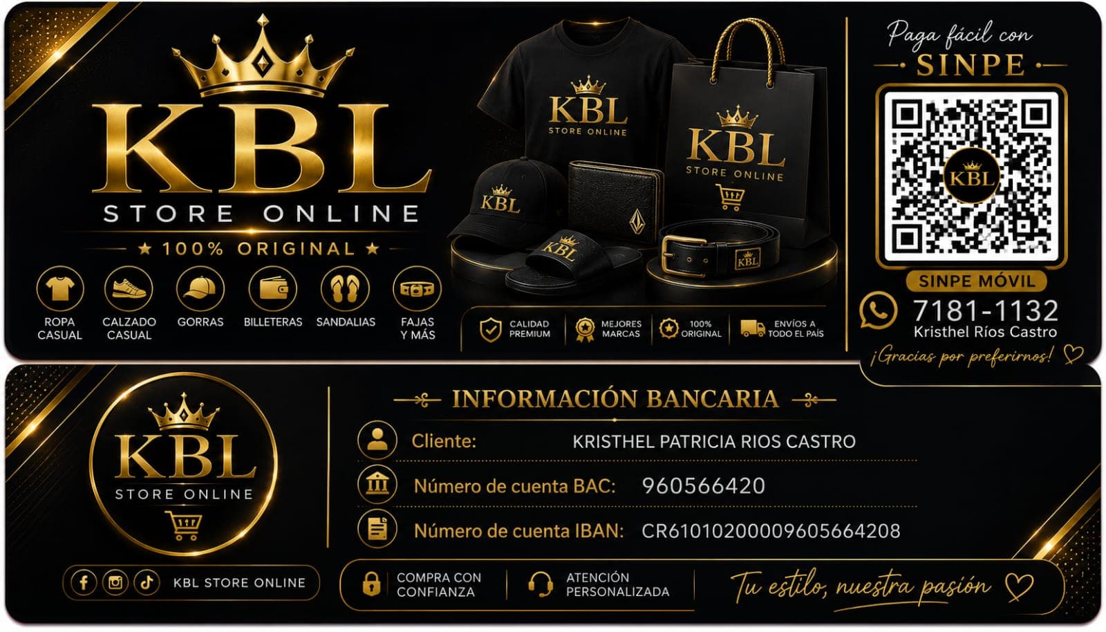 Información de pago, SINPE Móvil y cuentas bancarias de KBL Store Online